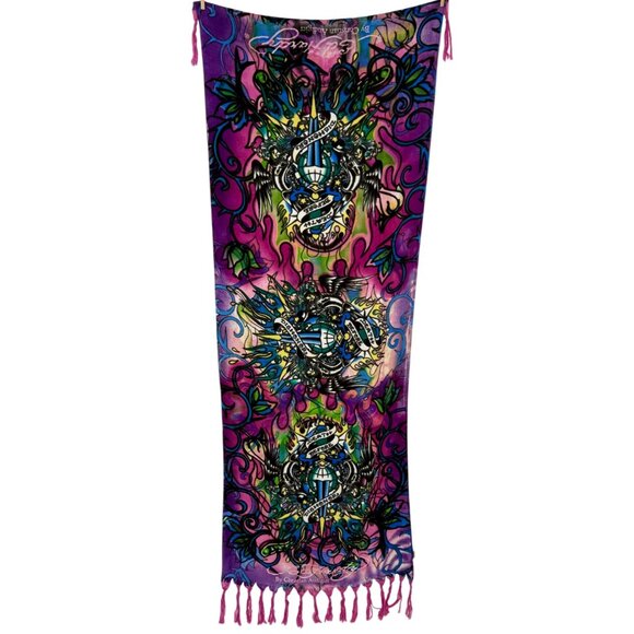 Christian Audigier x Ed Hardy Paisley Print Purple & Pink Fringed Hem Scarf - Picture 2 of 13